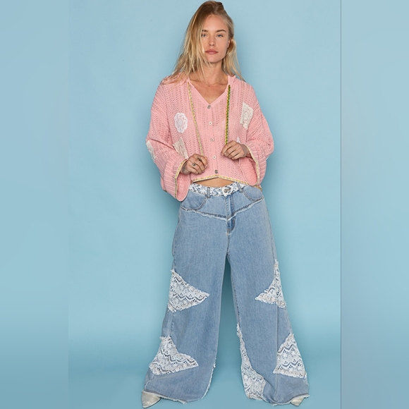 POL oversized pink doily lace crochet knit ribbon hoodie cardigan - Picture 4 of 5